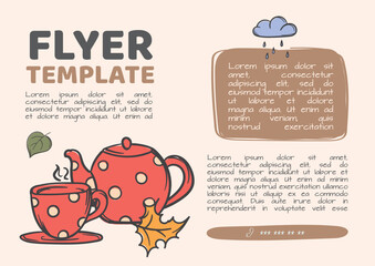 Vector template with autumn design for flyer, advertisement, announcement. Simple flat design with cup, teapot and autumn leaves