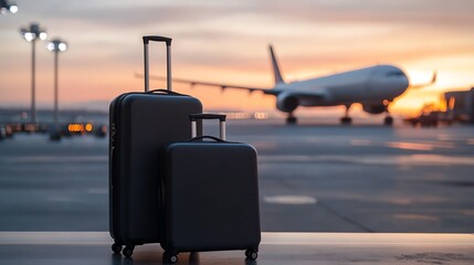 Stylish black luggage set against a vibrant sunset at the airport, ready for travel and adventure.