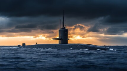 Powerful Nuclear Submarine Conning Tower Emerging from Stormy Ocean