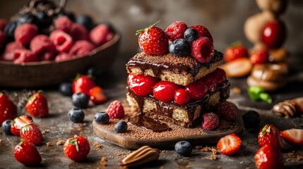 Obraz premium A delicious layered dessert topped with fresh berries, showcasing indulgence and culinary art.