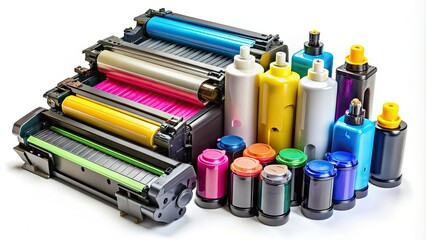 Colorful assortment of printer ink cartridges and toner cylinders aligned on a white background, highlighting various brands and types for office and home use.