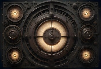 Obraz premium Steampunk inspired mechanical device featuring multiple glowing lights arranged in a circular pattern, creating a vintage and industrial aesthetic, Generative AI.