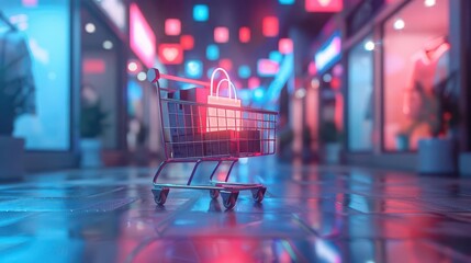 A vibrant shopping cart illuminated by colorful lights in a modern shopping arcade, showcasing contemporary retail aesthetics.