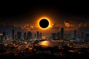 A dramatic photograph of a solar eclipse over a city skyline, with the darkened sun casting an eerie shadow over the buildings below
