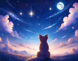 A fabulous night time scene featuring a charming anime dog looking up at a starry sky with moonlight