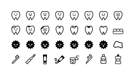 顔がついた歯・虫歯菌のベクターアイコンセット