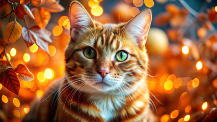 Close-up of Alert Orange Tabby Cat with Striking Green Eyes in Warm Autumn Setting