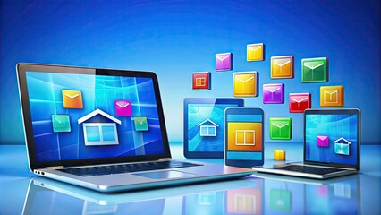 Colorful digital icons representing online education, including laptops, tablets, and e-books, set against a bright blue background, symbolizing modern learning and knowledge acquisition.