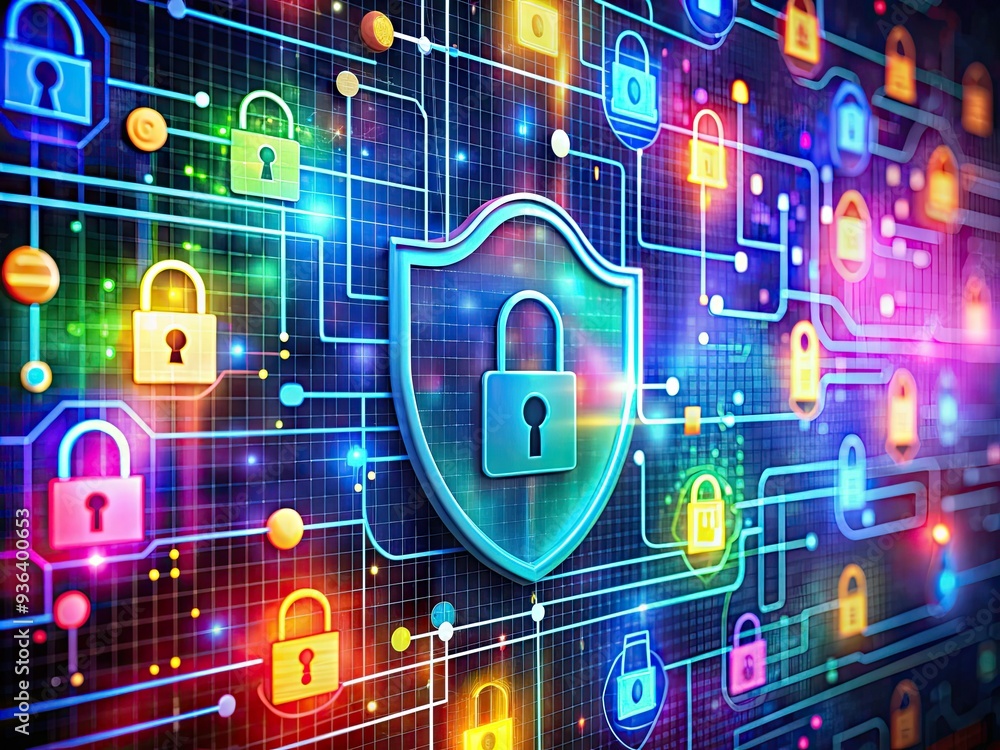 Poster colorful digital interface illustrating robust firewall security measures protecting online data fro