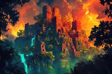 Ancient Ruins Overgrown by Jungle at Sunset