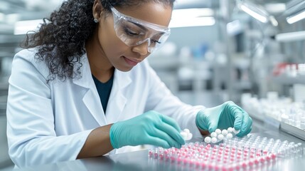Quality control in pharmaceutical manufacturing, African American woman in lab coat and gloves overseeing medicine production, Generative AI