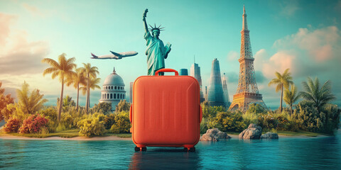 Red suitcase is standing on a world map with the Statue Liberty and a cityscape in the background, celebrating world tourism day