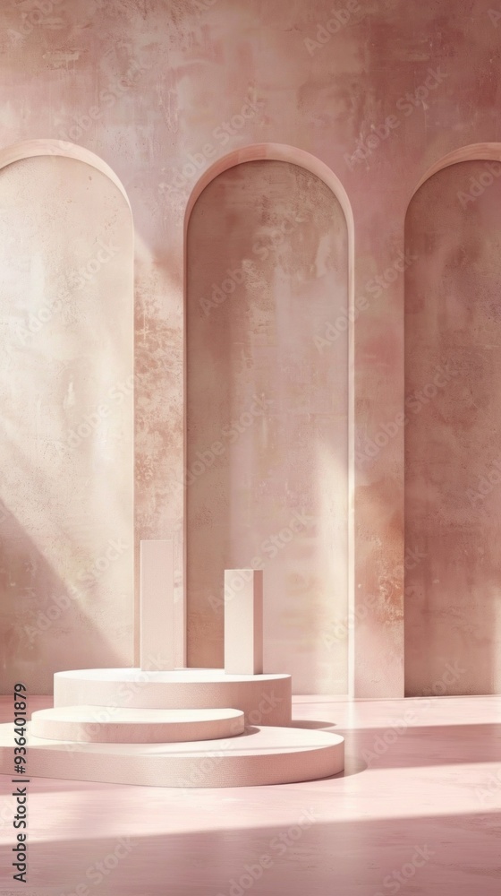 Poster a beautifully arranged setting with soft, curved arches and gentle lighting, perfect for product pre