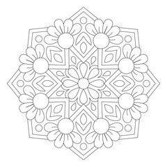 Circular geometric ornament, Round outline Mandala for coloring book page