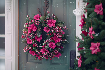 Naklejka premium A vibrant wreath of pink flowers decorates a front door