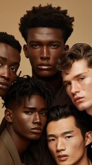 Obraz premium This captivating beauty campaign features five male models, each expressing unique styles and features that celebrate diversity and modern masculinity in a harmonious ensemble
