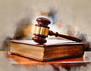 Artistic watercolor painting of  a wooden judge's gavel on aged leather law book over wooden table. Law concept.	