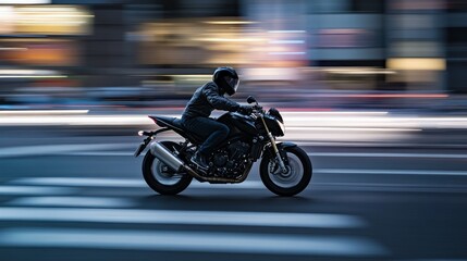 A motorcyclist rides swiftly through a city street, capturing the essence of speed and urban life.