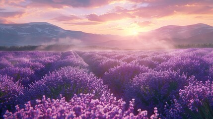 The golden sun dips below the horizon, casting a warm glow over sprawling rows of lavender flowers, their purple hues alive with mesmerizing beauty and serenity
