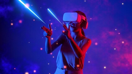 Fototapeta premium Excited smiling woman turning on VR looking transfer fantastic metaverse shooting bullet gun laser by hands in 3D hologram gaming space war with neon lighting bokeh galaxy cyberspace. Hallucination.