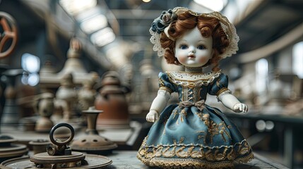 Production porcelain cute doll in vintage blue dress on the modern factory