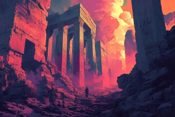 A Solitary Figure Ascending a Stairway in a Mystical Ancient City