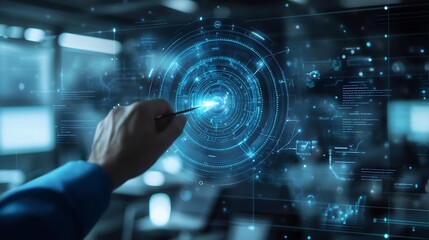 Obraz premium Hand Interacting with a Digital Interface with a Glowing Blue Circle in the Center