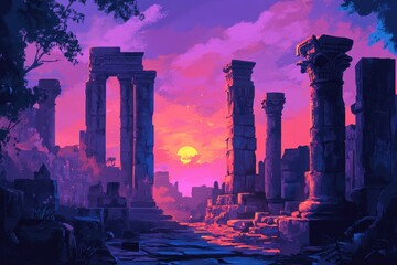 Fototapeta premium Ancient Ruins at Sunset with a Purple and Pink Sky