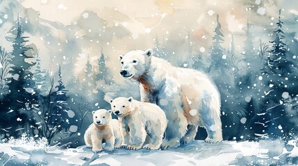 watercolor illustration of cute family of polar bears on the Christmas background 