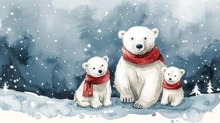 Fototapeta premium watercolor illustration of cute family of polar bears on the Christmas background 