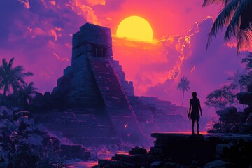 Silhouette of a Person Standing Before an Ancient Mayan Pyramid at Sunset