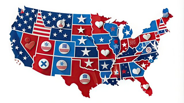 Colorful illustration of the United States map with voting symbols and flags, emphasizing democracy and patriotic spirit in a stylized, modern design.