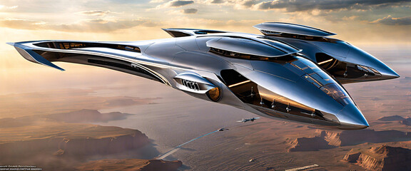 Futuristic Spacecraft Soaring Over Alien Landscape