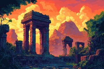 Fototapeta premium Ancient Stone Ruins in a Lush Jungle at Sunset