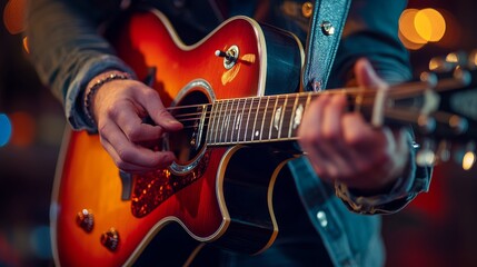 A close-up of a person playing an acoustic guitar, showcasing their hands and the instrument's details in a vibrant setting.