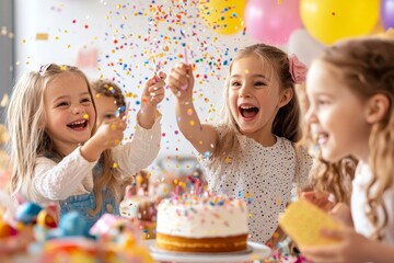 Children joyfully celebrating a birthday party with colorful confetti and a cake adorned with candles in a vibrant indoor setting