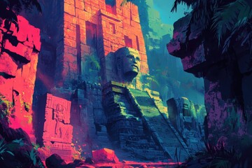 Ancient Stone Ruins with a Giant Stone Head in a Jungle Setting