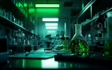 A modern laboratory setting with green lighting highlighting beakers and flasks on a lab bench, creating an atmosphere of innovation.