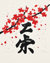 Cherry blossom branch with Japanese calligraphy