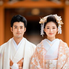 Japanese bride and groom in traditional wedding attire.