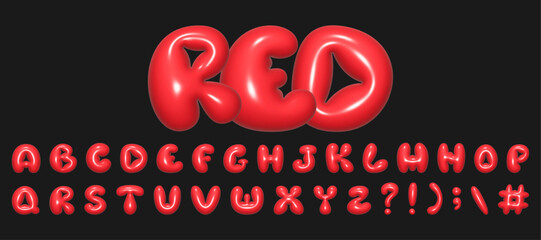 Creative bubble letters of the English alphabet. Illustration of three-dimensional letters in red, shiny reflective plastic texture, inflated letter effect.