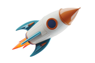 A 3D rendered illustration of a toy rocket featuring a white body, orange tip, and blue fins in a playful and cartoonish design, isolated on a transparent background. PNG File,