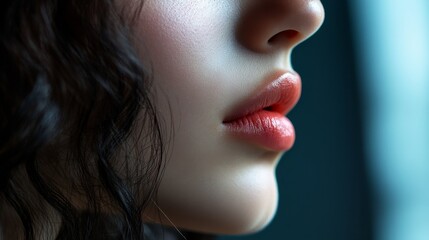 Obraz premium A close-up of a woman's lips and face, highlighting smooth skin and soft features.