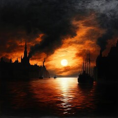 Serene sunset over a silhouette cityscape, with boats gliding across the reflective water, surrounded by dramatic clouds.