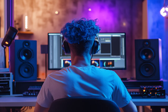Male editing director sits at the desk in front of the monitor. A video maker in a white T-shirt and headphones edits a video or audio in the studio.