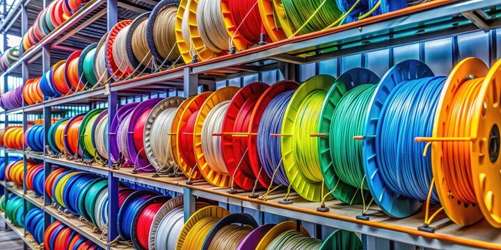 Colorful reels of fiber optic cables, neatly organized on shelves, awaiting installation to provide high-speed internet connectivity to homes and businesses.