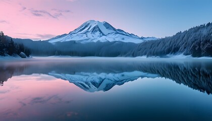 In the early morning, the snowy mountains and lakes reflect the pink-blue sky and are surrounded by dense forests.