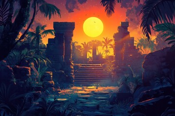 Fototapeta premium Ancient Ruins and Palm Trees at Sunset