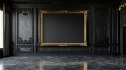 a big fancy room, with black wallpaper, and a big landscape frame, frame mock up, 3d, render