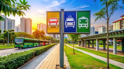 Colorful signage for public transportation options lines a Punggol roadside, highlighting convenient and interconnected MRT, LRT, and bus networks in modern Singapore.